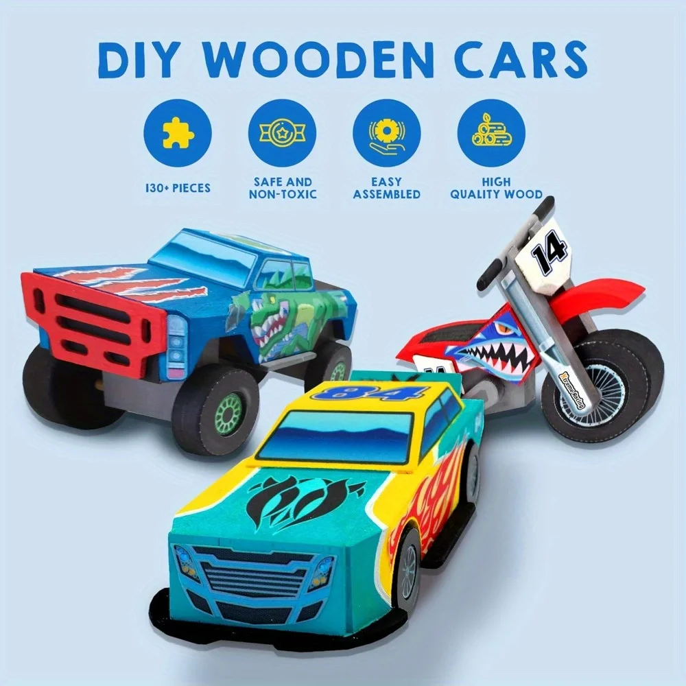 JOYFY Kids Craft Kit Build Paint Your Own Wooden Race Car Kit DIY Truck Toy Construct and Paint Kit for Kids Birthday Gift
