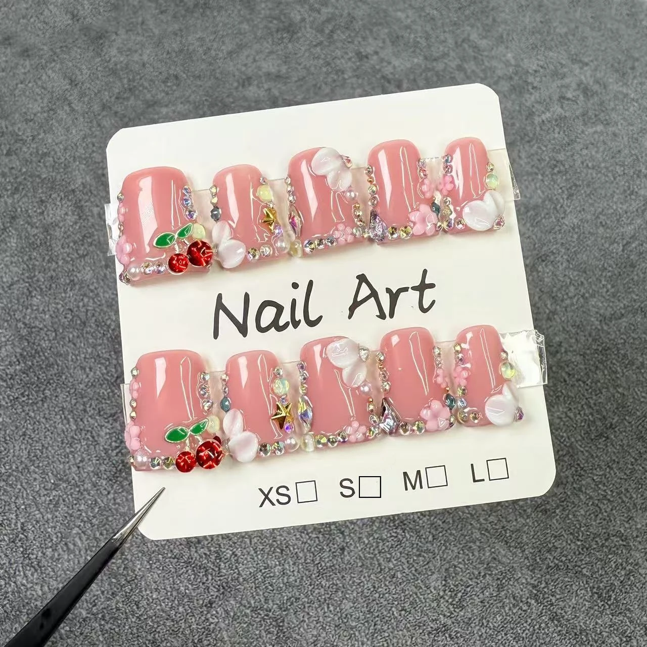 10pcs High-end Fashionally niche design style, hand-painted three-dimensional patterns, small cherries, shiny rhinestones handma