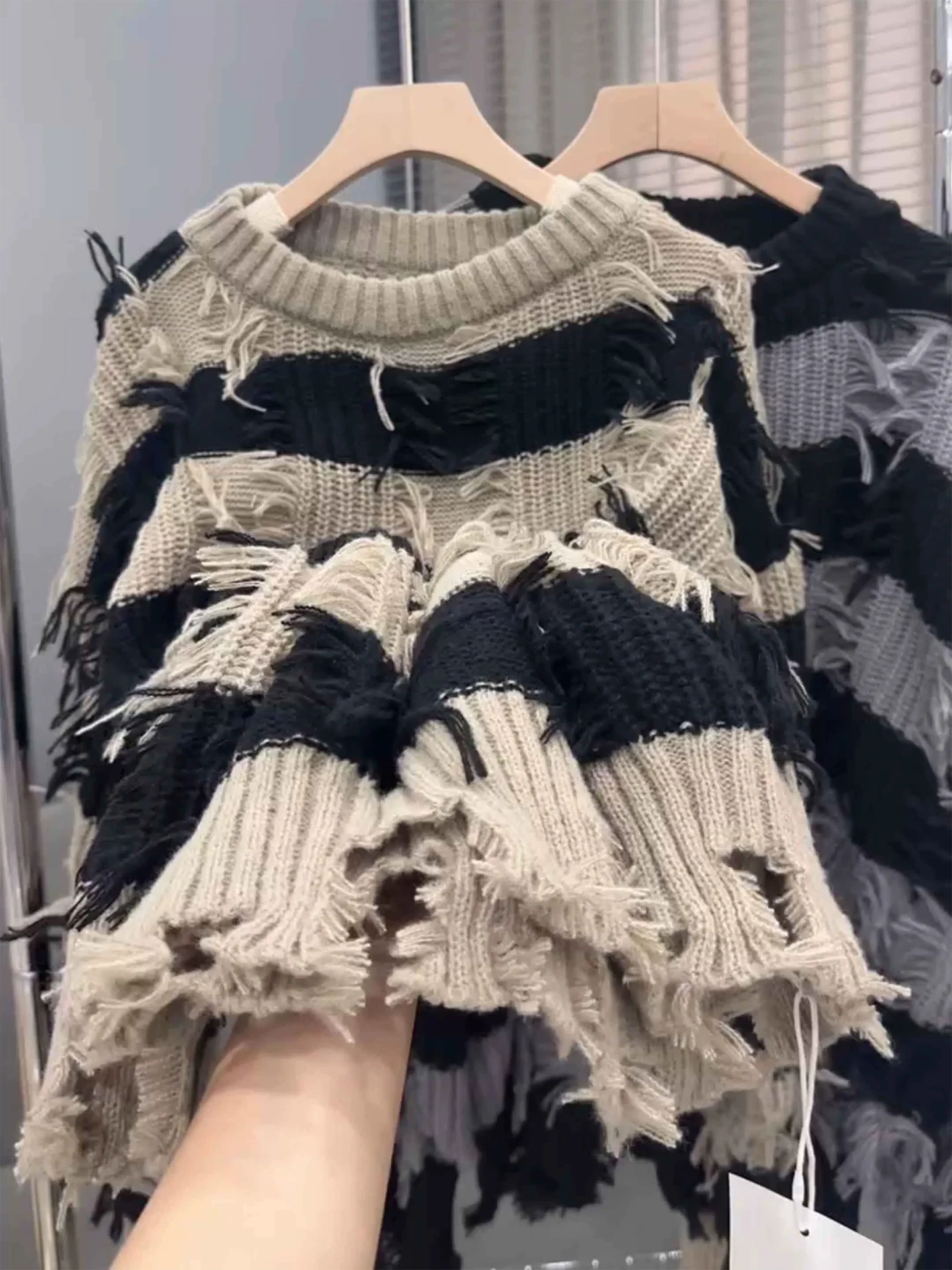 

Свитер Laid-ba оверсайз с круглым вырезом, вязаный, в полоску, с бахромой, свободного кроя, в стиле High Street, ретро-дизайн, модный пуловер