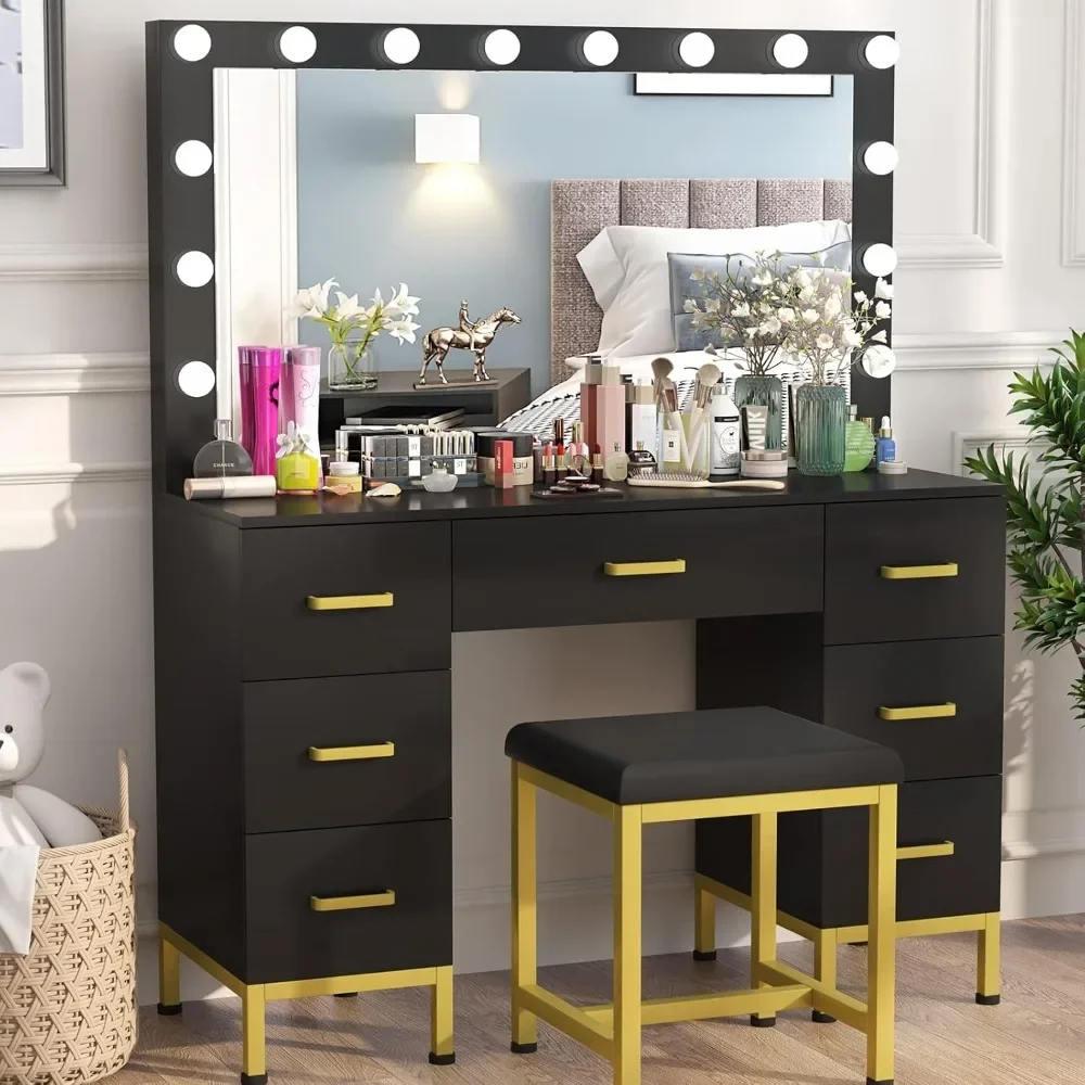 PAKASEPT Modern Makeup Vanity with Lighted Bulbs, 44'' Vanity Desk with Mirror and Lights, 7 Drawers, 14PCS LED Bulbs,