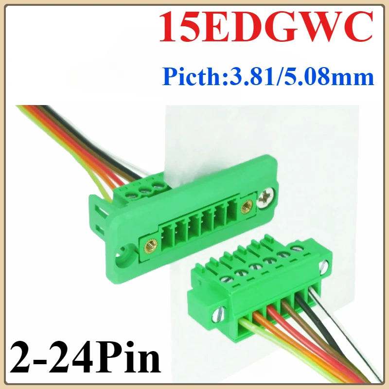 2sets 15EDGWC 3.81mm 5.08mm Terminal Block Through-wall Welding-free Plug-in Type 2P/3P-16P 15EDG 3.81mm with Flange Fixed Panel