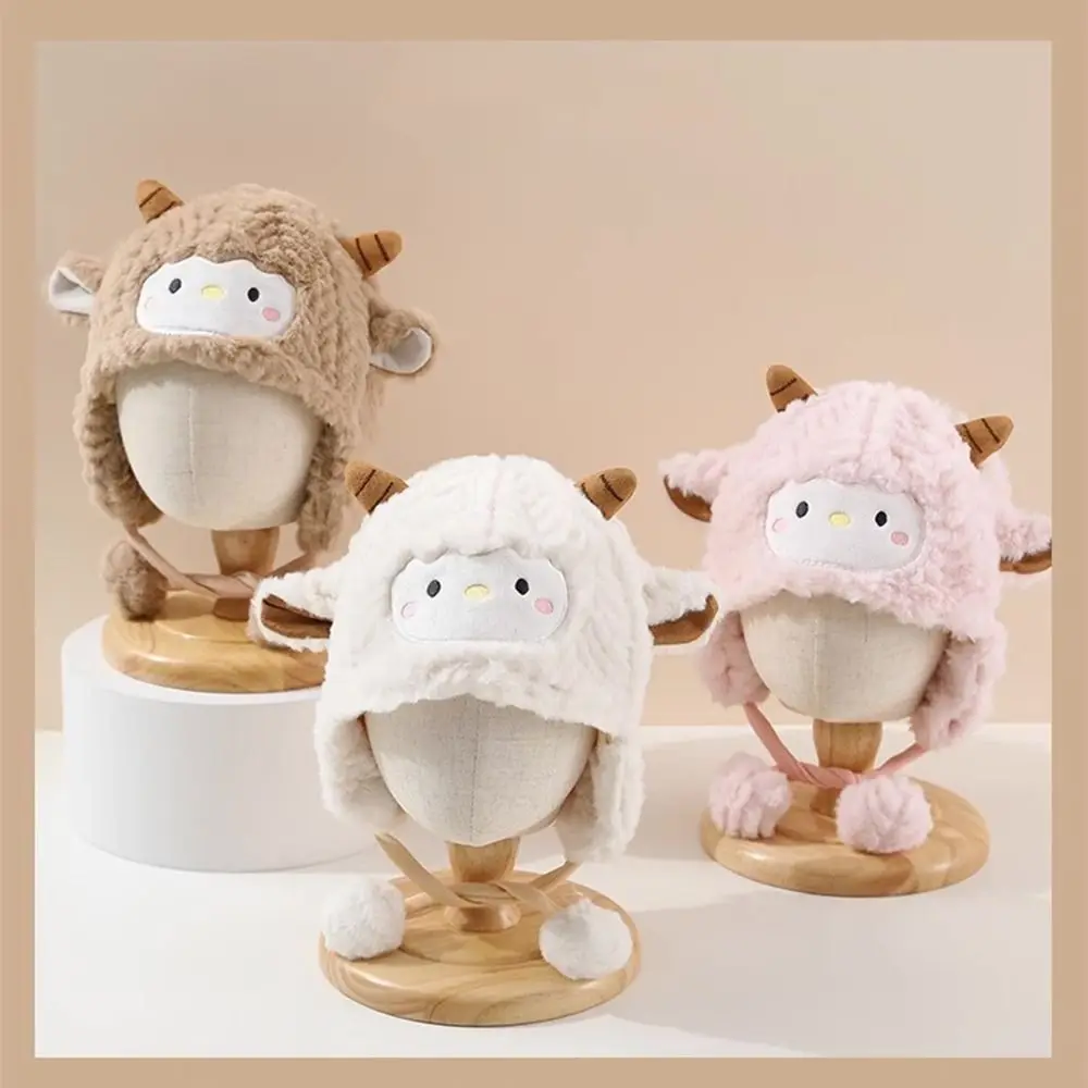 

Kawaii плюшевая шапка с овечкой для малышей, мягкие утолщенные детские теплые шапки, защита ушей, ветрозащитная шапка-бини с героями мультфильмов для младенцев