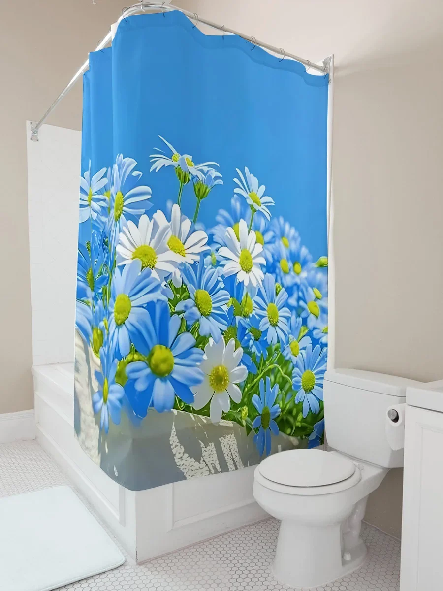 ستارة دش أنيقة مع زهور الأقحوان الزرقاء والبيضاء الجميلة مناسبة للفصل الرطب والجاف لديكور المنزل الربيعي #2