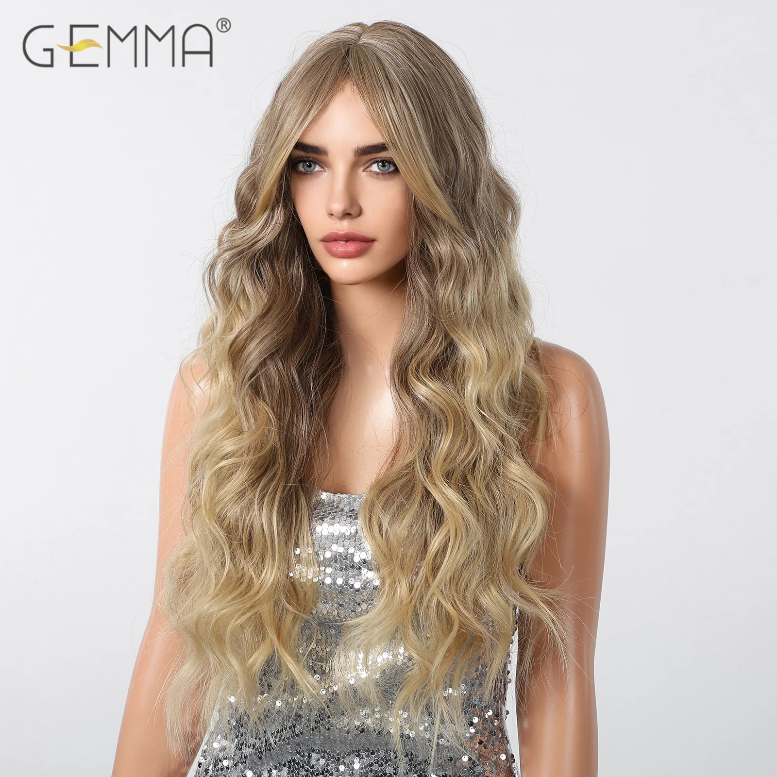 Long Curly Ombre Light Honey Brown Synthetic Wig with Bangs for Women Yellow Brown Wavy Cosplay Daily Hair Wigs Heat Resistant image 4