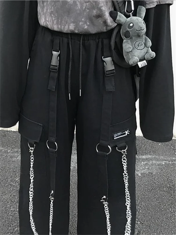 QWEEK Gothic Harajuku Cargo Pants Women Punk Chain Wide Leg Trousers Female Korean Style Oversized Streetwear Techwear Emo