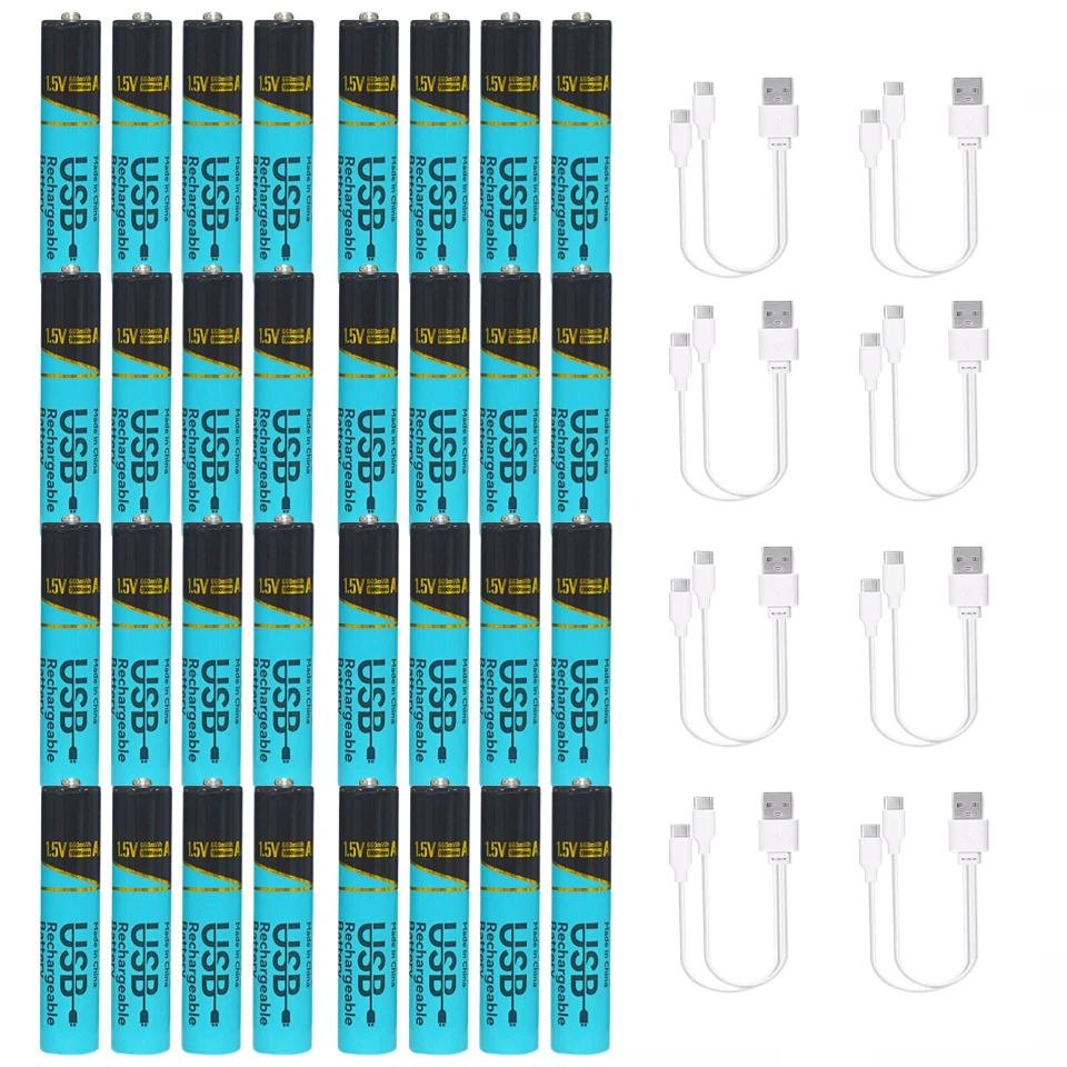 Skywolfeye 32Pcs AAA 1.5V Rechargeable Batteries Type C Lithium Ion Batteries 660mWh with 8 Cables for Mic Toy Camera