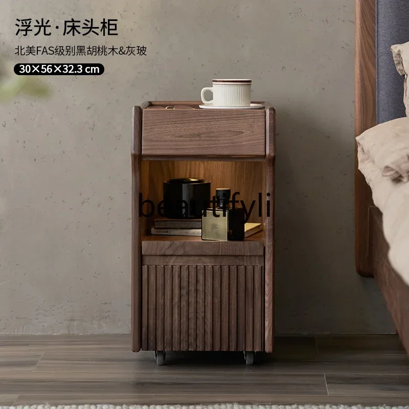 

ss Super narrow bedside table bedroom small modern simple storage cabinet mini black walnut solid wood smart simple