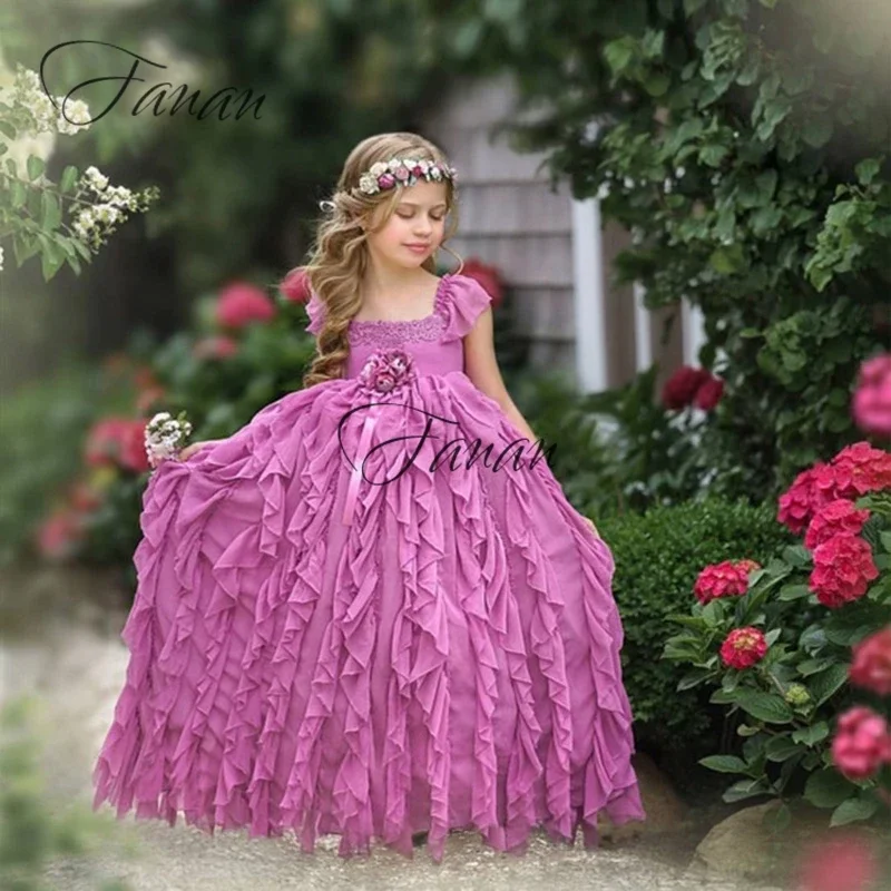 Vestidos de flores de cuello cuadrado Simple para niña, vestido de fiesta de gasa con encaje de flores 3D para niños y bebés