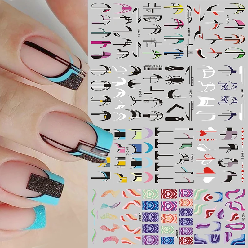 French Tips Stickers Black Geometric Lines Water Transfer Nail Decals Colorful Heart Letters Sliders Full Cover Nail Wraps