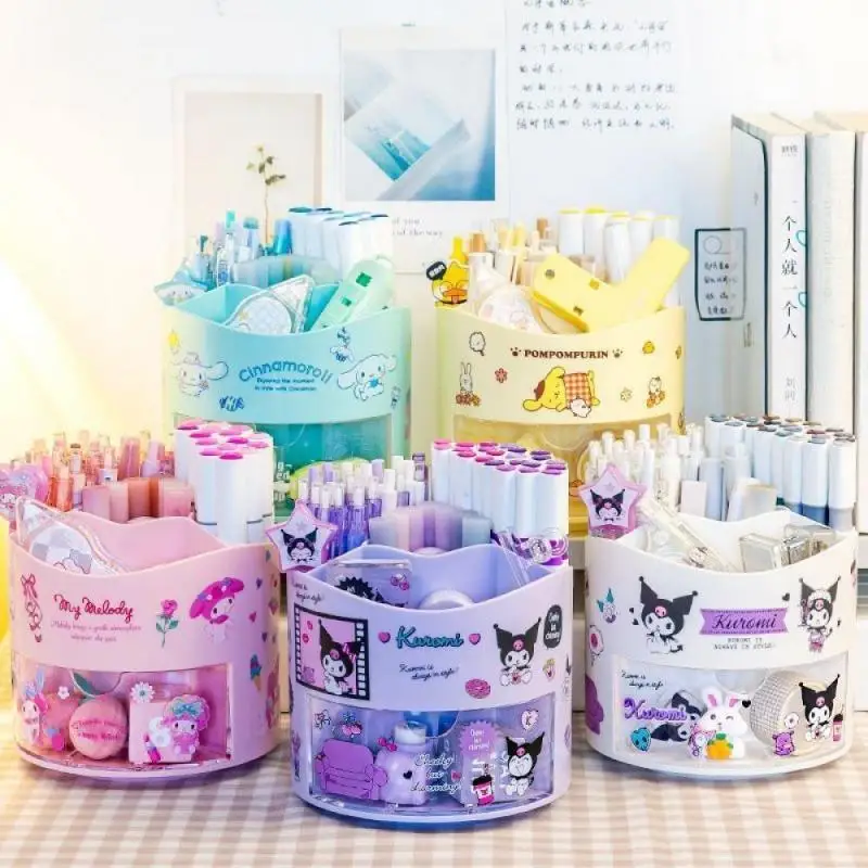 Kawaii Sanrios Cinnamoroll Student Stationery Supplies Anime Melody Kuromi Rotating Pen Holder 360 Degree Large Capacity Storage