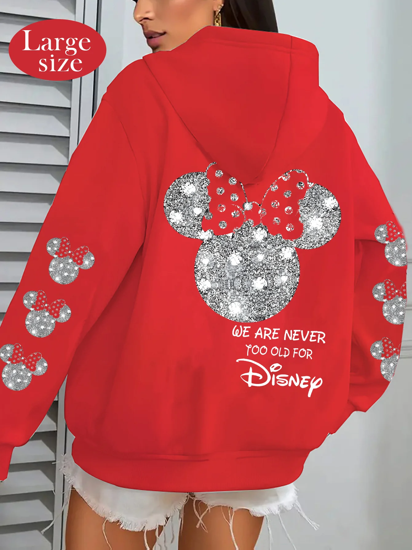 Dames Disney katoenfleece hoodie roze kleur grote rug Minnie Head glitter strik- en mouwpatronen losse pasvorm ​