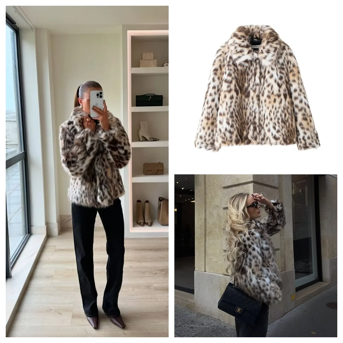 Winter hot style lapel concealed button warm leopard print fur coat for women fashionable and versatile fur coat