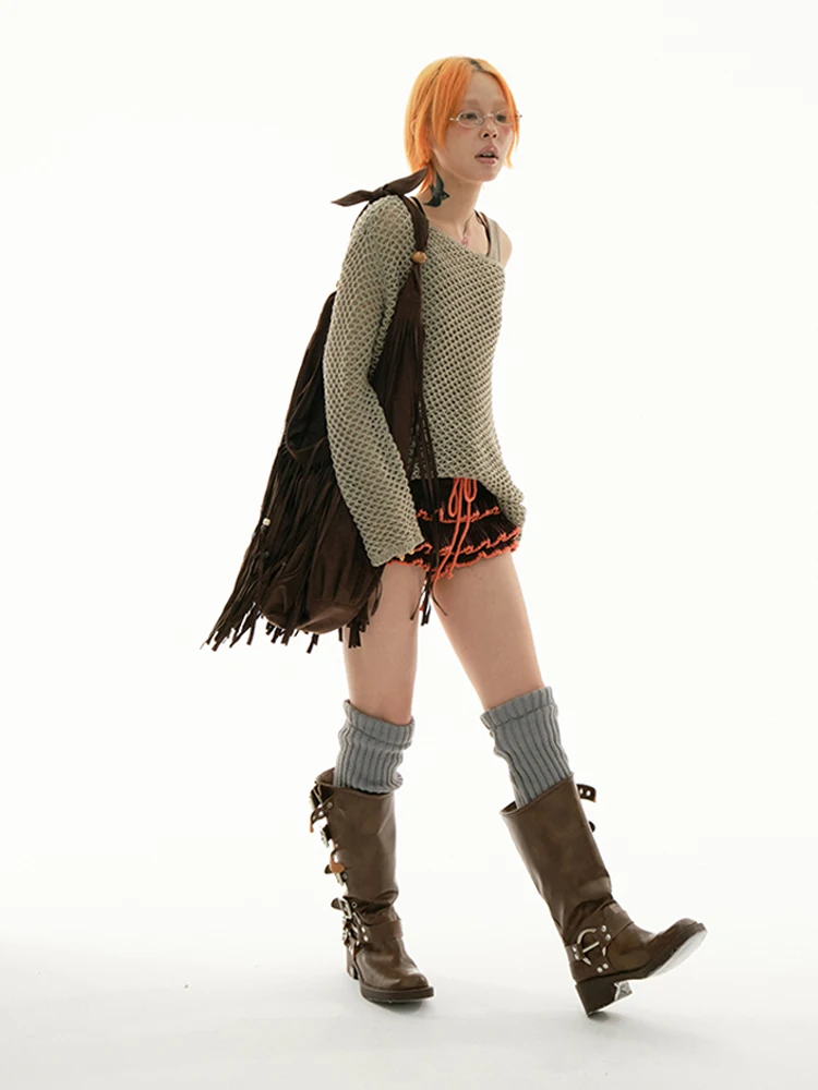 حقيبة نسائية من جلد الغزال والخرز بشراشيب أمريكي عتيق مع ملمس شخصي عالي الجودة، حقيبة كروس بكتف واحد عصرية