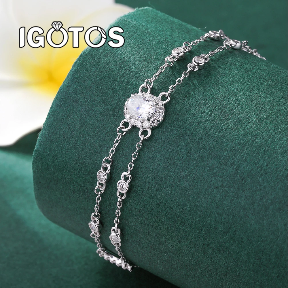 1CT Oval Cut Full Moissanite Bracelet for Women 2 Row Hand Chain 100% 925 Sterling Silver Cuban Link Wedding Jewelry Adjustable