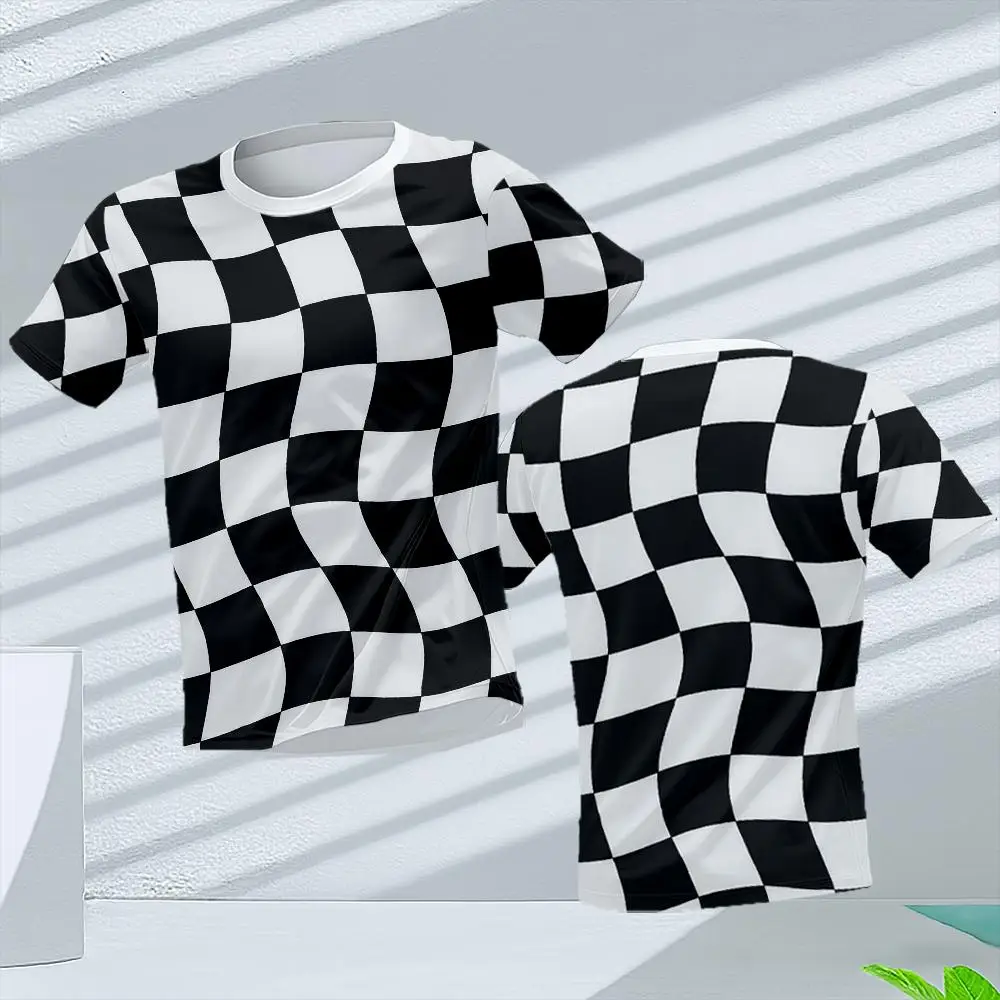 

Classic Black And White Plaid Graphic T-shirt Kid's Clothing Casual Parent-child Outfit Boys Girls Daily Wear Round Neck Tops