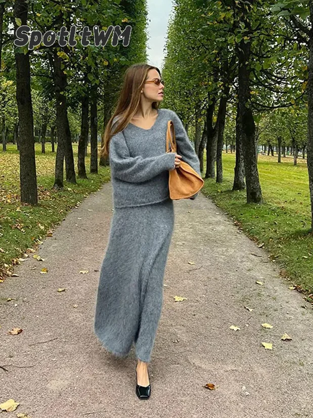 

Элегантный женский однотонный мохеровый комплект из 2 предметов, Осенний вязаный свитер с V-образным вырезом и длинным рукавом, свободная длинная юбка, женские модные костюмы