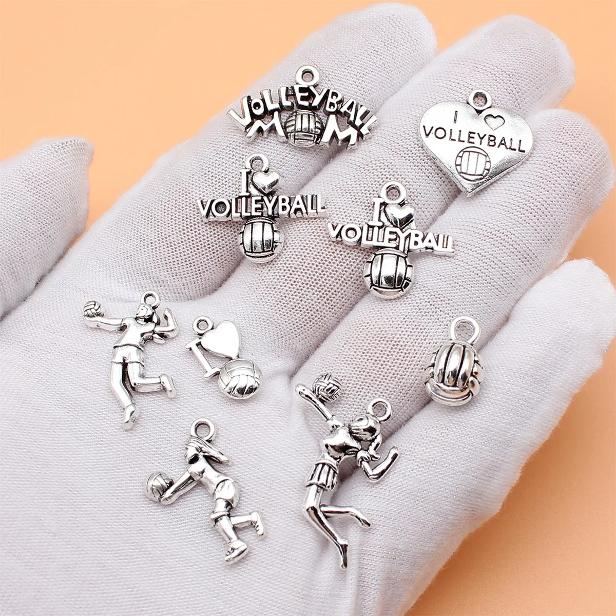 9pcs Antique Silver Color Volleyball Charms Collection For DIY Jewelry Making, 9 Styles, 1 of Each