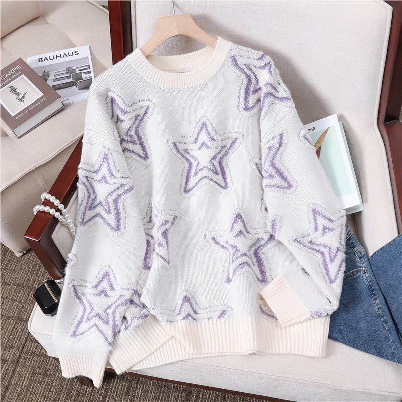 New autumn and winter outerwear fashion loose embroidered star round neck sweater women lazy style thickened knitted top