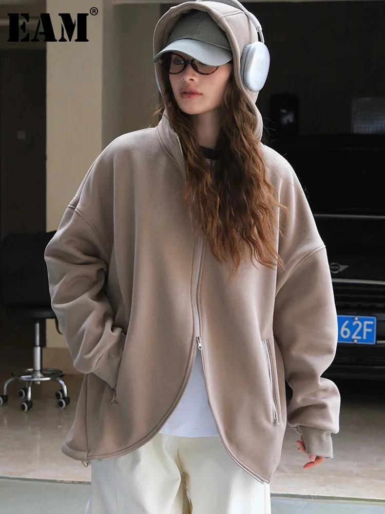 [EAM] Gray Irregular Hem Big Size Casual Jacket New Hooded Long Sleeve Women Coat Fashion Tide Spring Autumn 2024 1DH7115