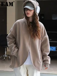 [EAM] Gray Irregular Hem Big Size Casual Jacket New Hooded Long Sleeve Women Coat Fashion Tide Spring Autumn 2024 1DH7115