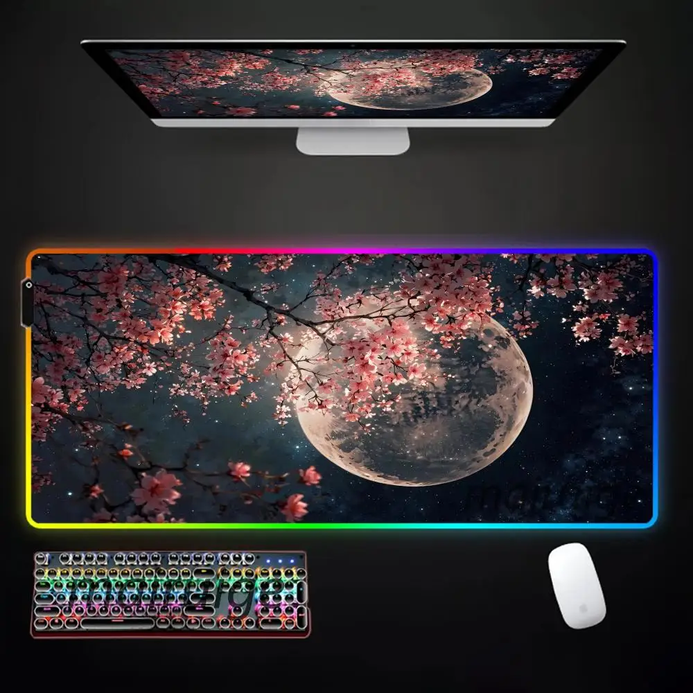 Pink Sakura Moon Mouse Pad Large RGB Gaming Mousepad LED Light Gamer Pads Anti-slip Rubber PC Desk Mat Keyboard Mats XXL 90x40cm