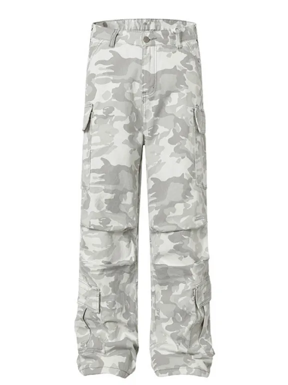 Calças Jeans Retrô Americanas Camufladas com Efeito Lavado para Trabalho, Masculinas e Femininas, Primavera Outono, com Múlti...