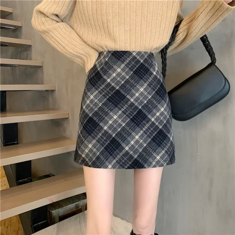 Skirts Women Woolen Tender Fashion High Waist Retro Plaid Elegant A-line Casual Ladies Minimalist All-match Autumn Korean Style