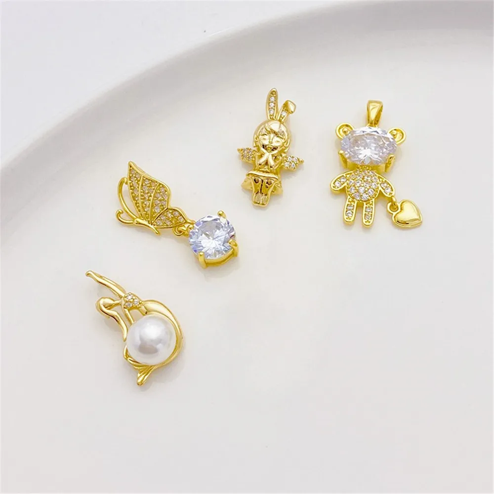 18K Gold Inlaid Zircon Angel Bear Butterfly Pendant, Handcrafted DIY Bracelet, Necklace, Jewelry Material L541