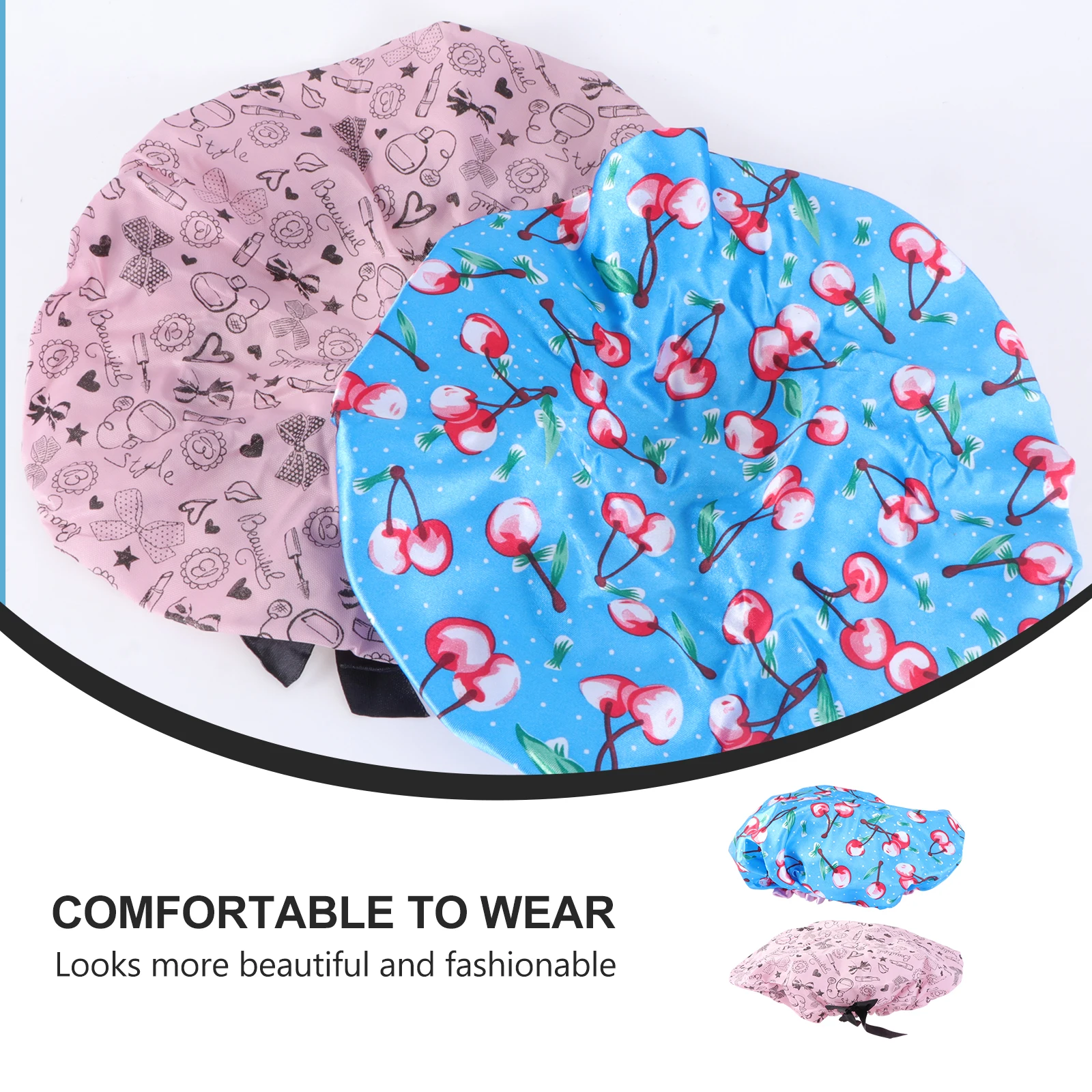 

2pcs Shower Double Layer Printing Waterproof Washable Hair Caps Bath for Women Girls (Cherry Style, Pink Base Bow Style)