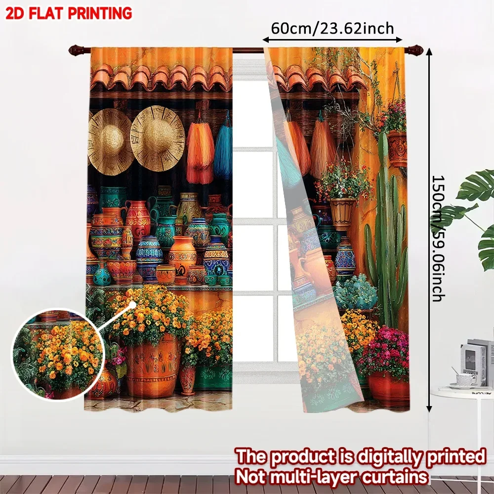 2pcs Pottery Cactus Desert Curtains  Vibrant Hats Vases with Blooming Flowers for Bohemian Living Room Bedroom Decor