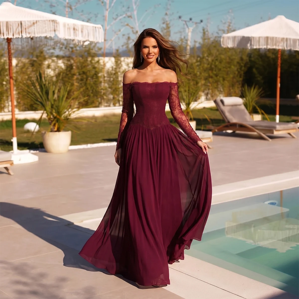 

Beach Off Shoulder Chiffon Bridesmaid Dresses For Wedding Lace Evening Gown Long Sleeve Formal Dress For Women