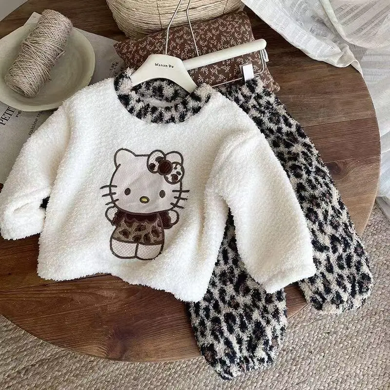 

Sanrio Hello Kitty Girls' Flannel Pajamas Autumn Winter Children's Thickened Warm Cute Baby Girls Home Clothes Set Cute Gift