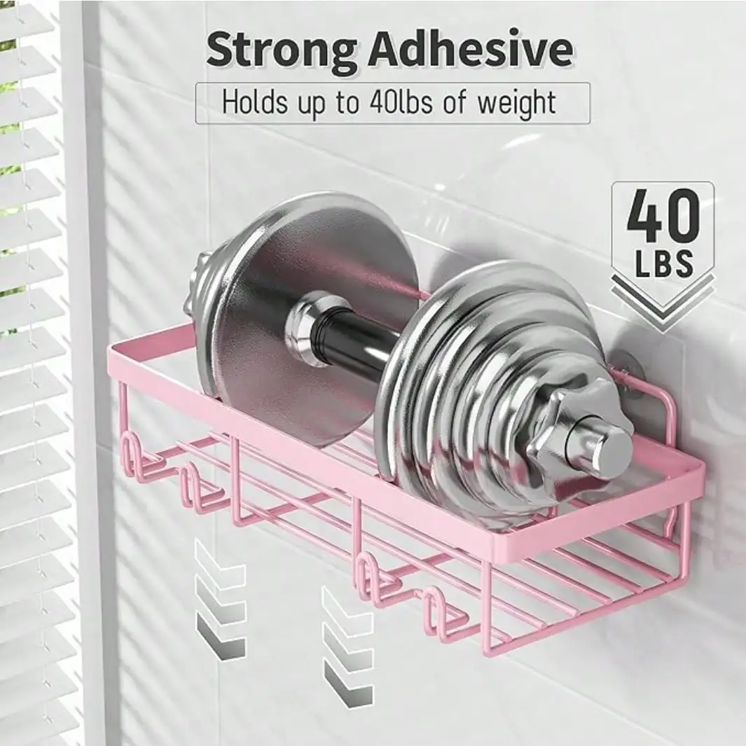 5-Pack Adhesive Shower Caddy, No Drilling Rustproof Stainless Steel Bathroom Organizer Shelves, Large Capacity Wall Mount Rack for Inside Shower, Pink