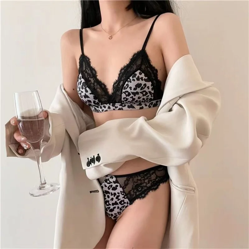 French Ultra-thin Bra Set Sexy Leopard Lace Style Women Underwear Wire-Free Triangle Cup Comfortable Lingerie and Thong Set