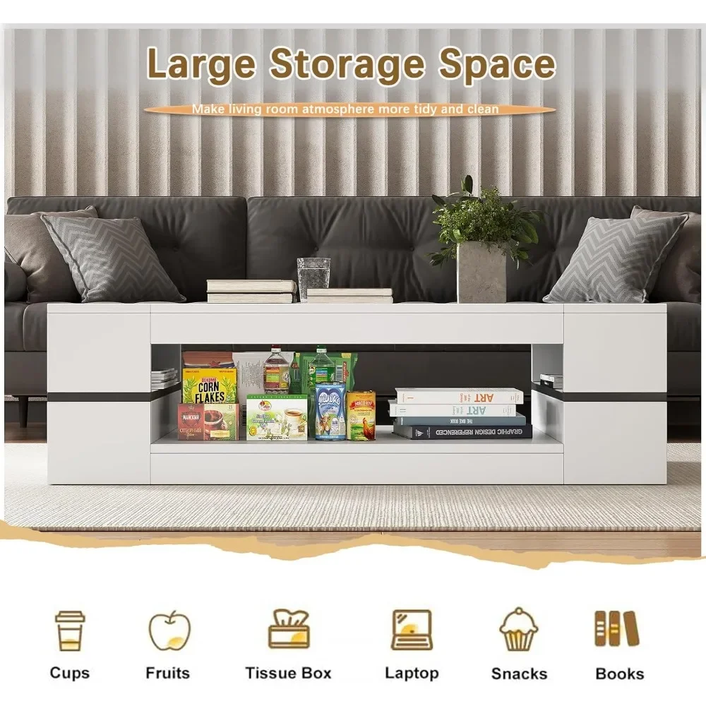 47.2 Modern Stylish Coffee Table with Glass Table Top, Large Living Room Table Rectangular 2-Tier Center Tables with Storage