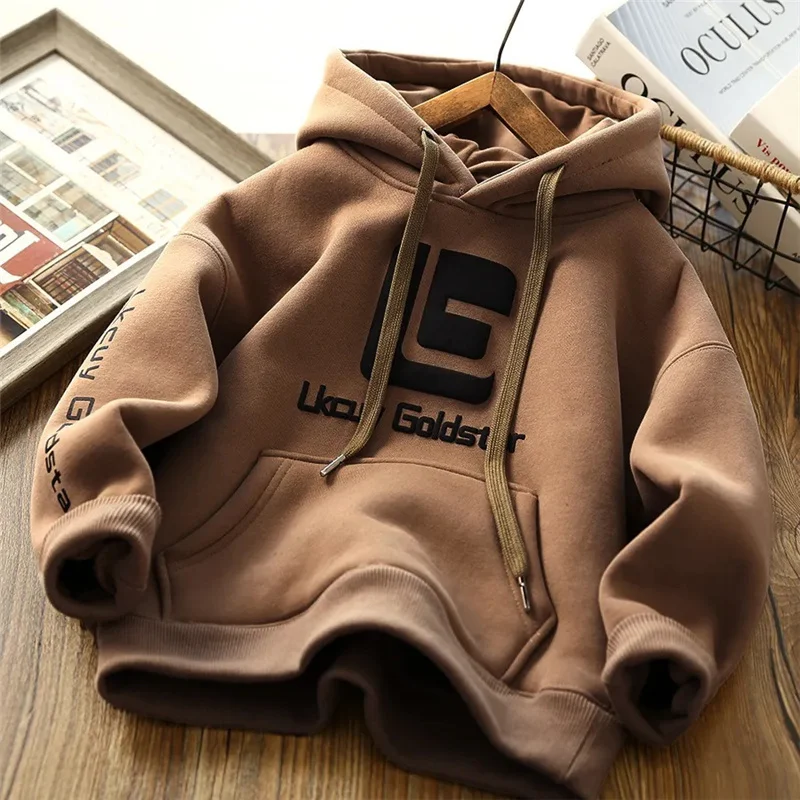 Boys Padded Hooded Sweatshirt Autumn Winter Children\'s Clothing Plus Velvet Thick Warm Hoodie Big Kids Thermal Pullover Tops