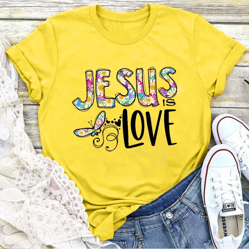 Jesus Love Print Women T Shirt Short Sleeve O Neck Loose Women Tshirt Ladies Tee Shirt Tops Clothes Camisetas Mujer