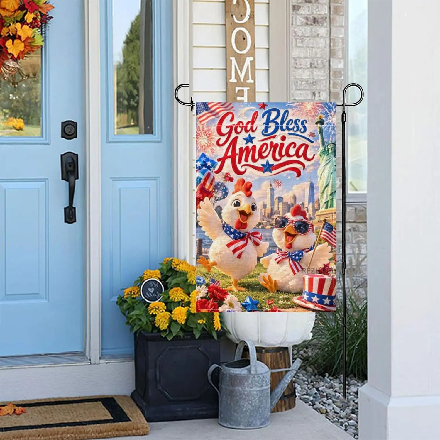 4th of July Chicken Garden Flag 12x18Inch,Patriotic Independence Day Outdoor Animal American Flag Scarf,Red White Blue Summe jjp