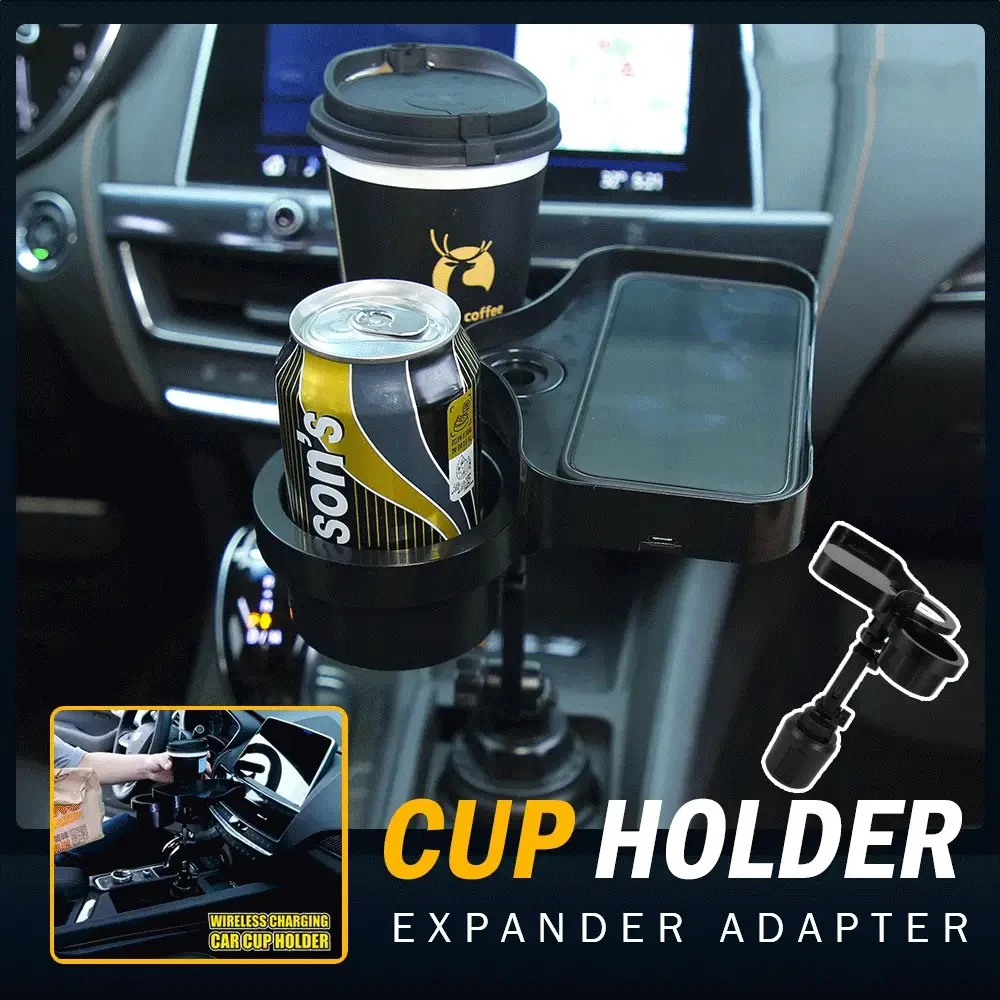 Tray Car Cup Holder e Cup Holder Expander Adapter, 2 Beverage Drink Holder com função de carregador sem fio