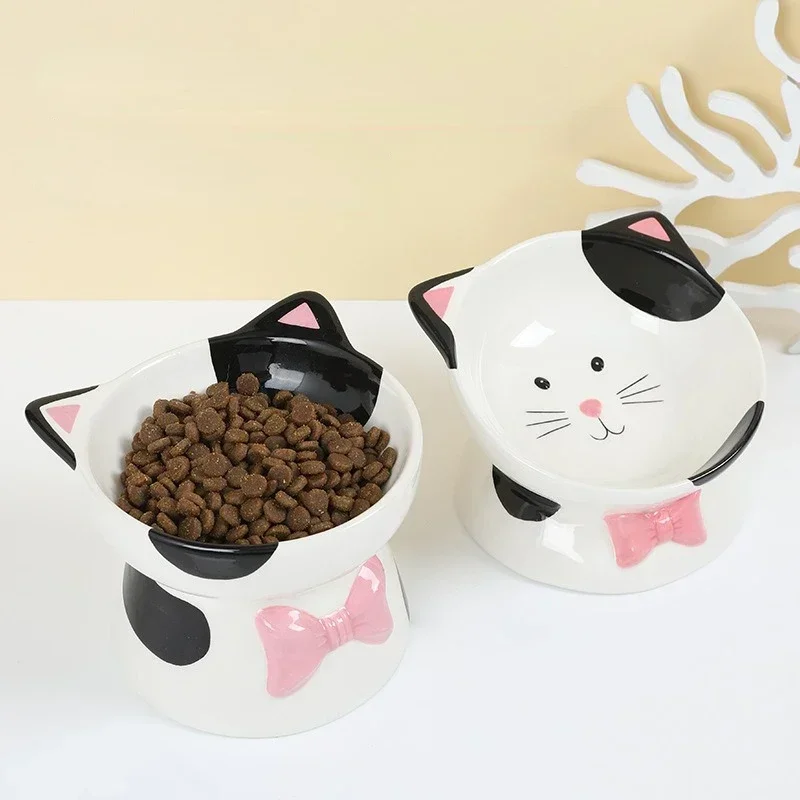 Cartoon Ceramic High Foot Pet Dog Cat Bowl Black and White Contrast Cat Head Large Bowl Mouth Cat Food Bowl