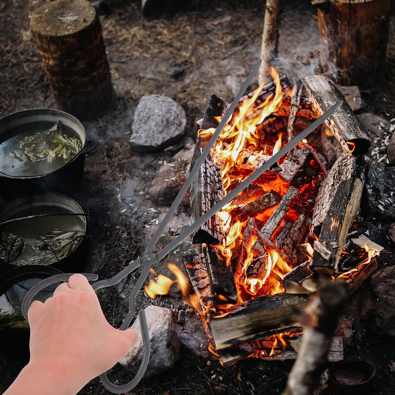 Pinzas para fuego de hierro extendidas, sujeción de basura gruesa para el hogar, hogares de campamento, leña, chimenea, cocina, carbón para carbón