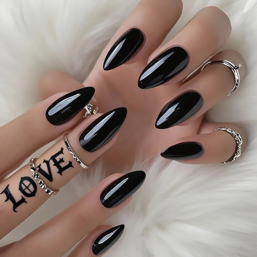 

2Sets Shiny Black Short Stiletto Fake Nail With Glue Sticker Acrylic Press On Nails DIY Finger Tips Manicure Accessory