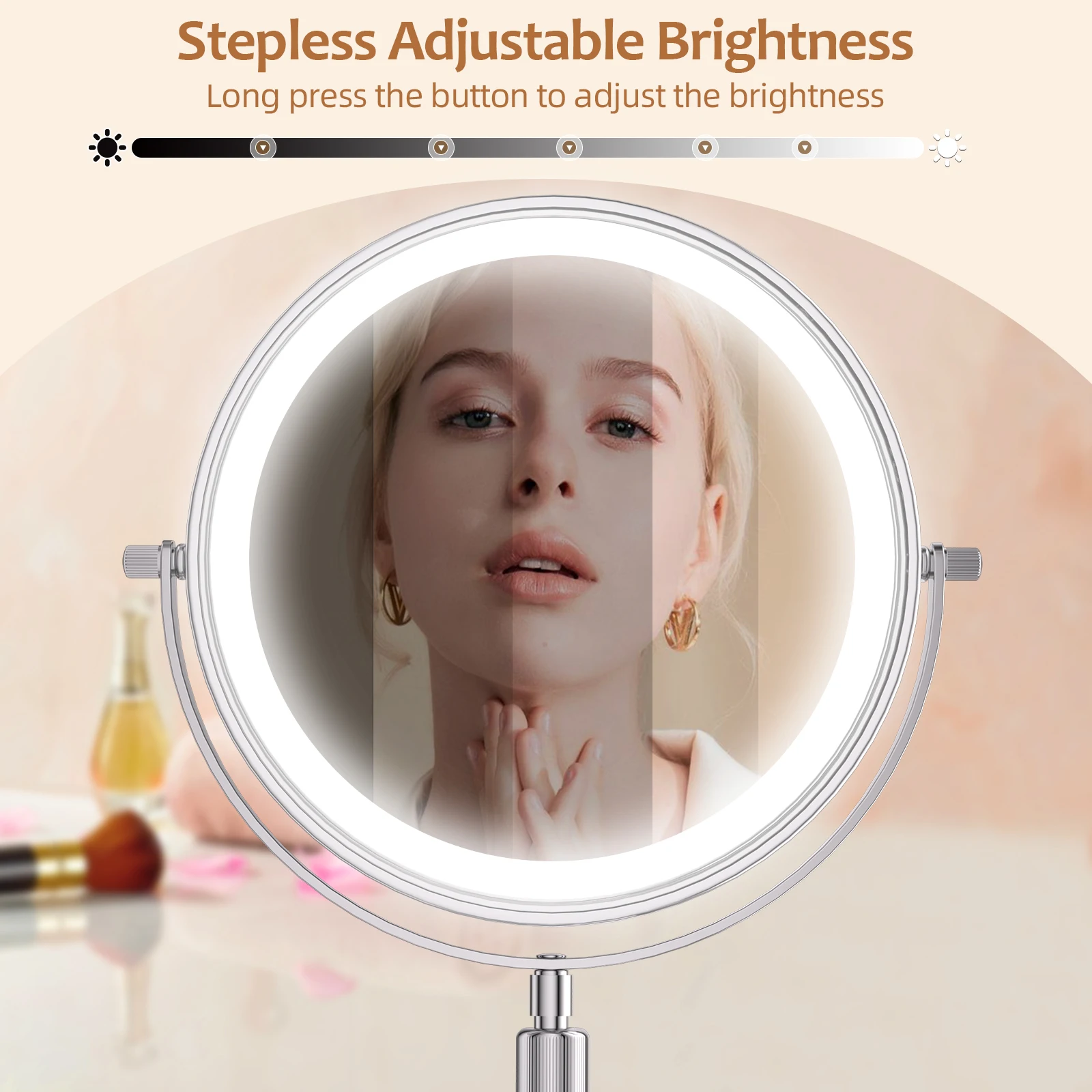 8 Inch Makeup Mirror Double Sided With Light Lamp 10X Magnification 3 Color Lights,Adjustable Brightness Height Mirror