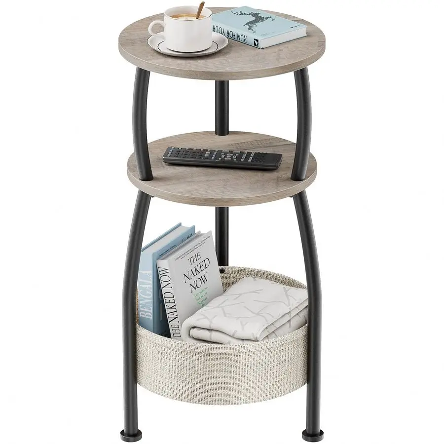 

Round Side Table with Storage Basket Small Space Saving End Table 3Tier Coffee Table Bedside Corner Stand for Living Room, Bedro