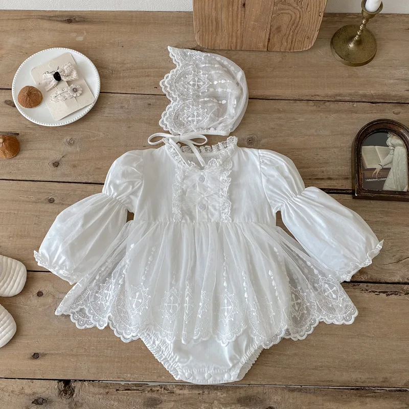 HoneyCherry Autumn Girls' Solid Color Sweet Bodysuit Dress Long-Sleeve Lace-Trimmed Romper with A Hat Included Baby Girl Clothes