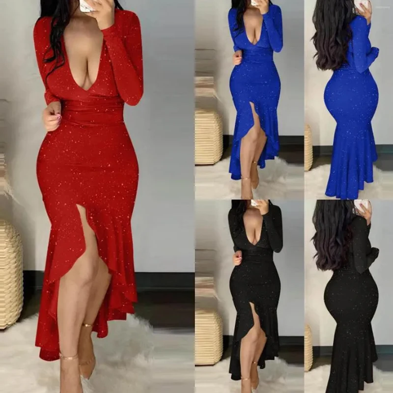 Vestido bodycon com gola em v profundo feminino, vestidos casuais, babados, bainha irregular, vestido de noite, sexy, 2022