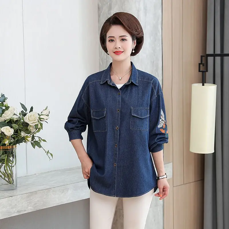 

2024 New Embroidered Denim Shirt Top For Middle Aged Women Casual Turn-down Collar Long Sleeved Jeans Blouse 4XL 5XL