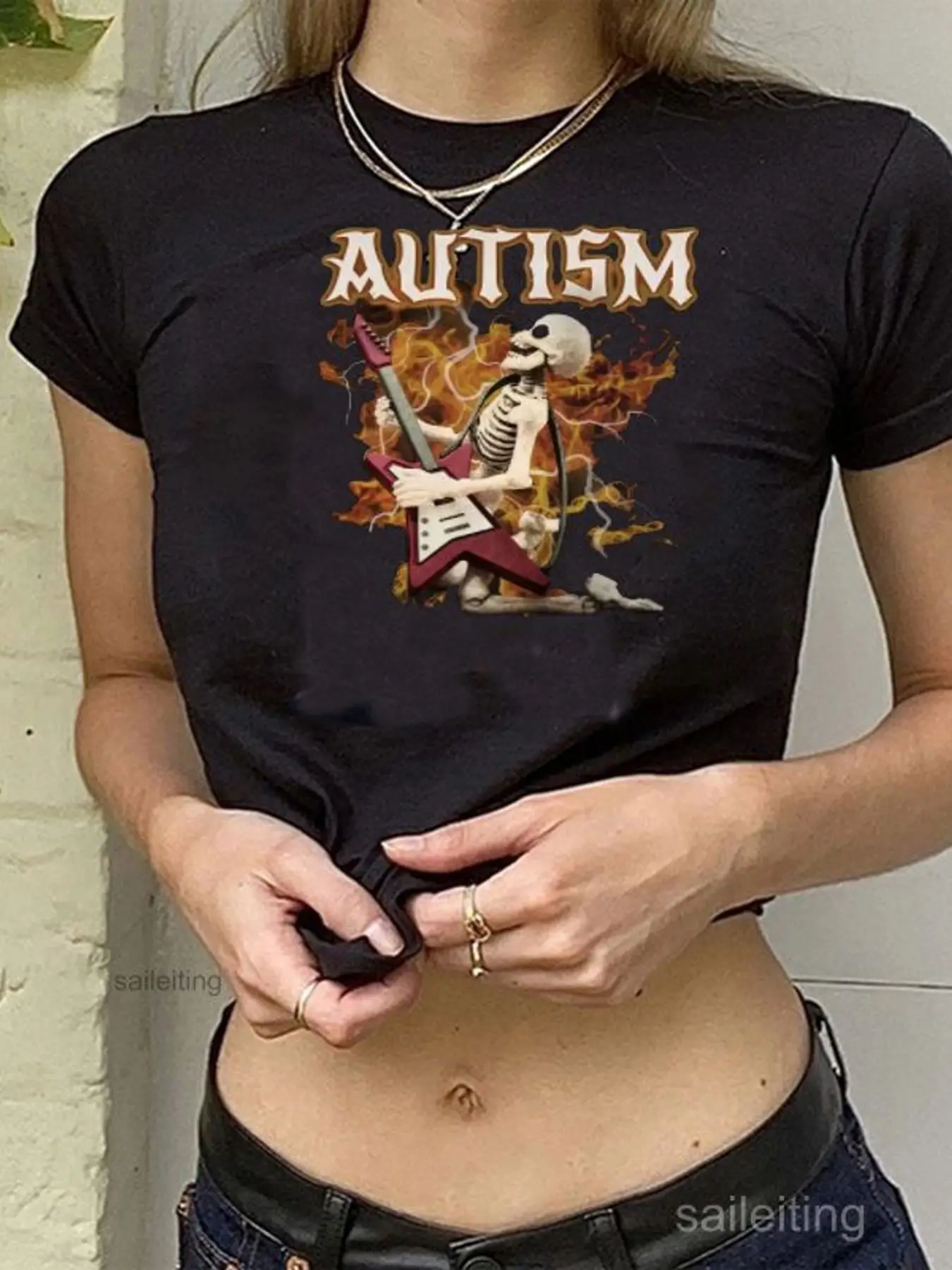 Women's White Cropped T-Shirt with Autism Graphic Rock Skeleton Print Short Sleeve Summer Streetwear Top