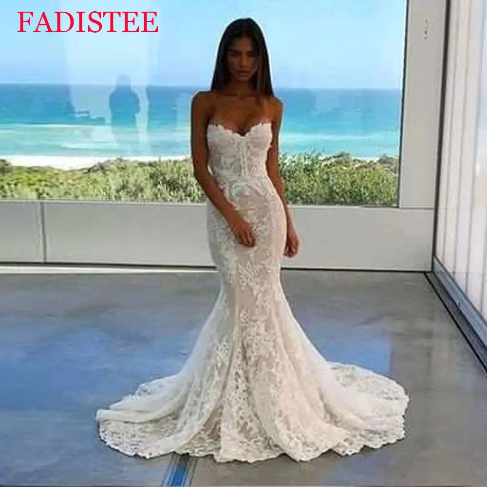 Vestidos De Novia De sirena con Apliques De encaje personalizados, Vestidos De Novia bohemios sexis sin tirantes, Vestidos De Novia 2025