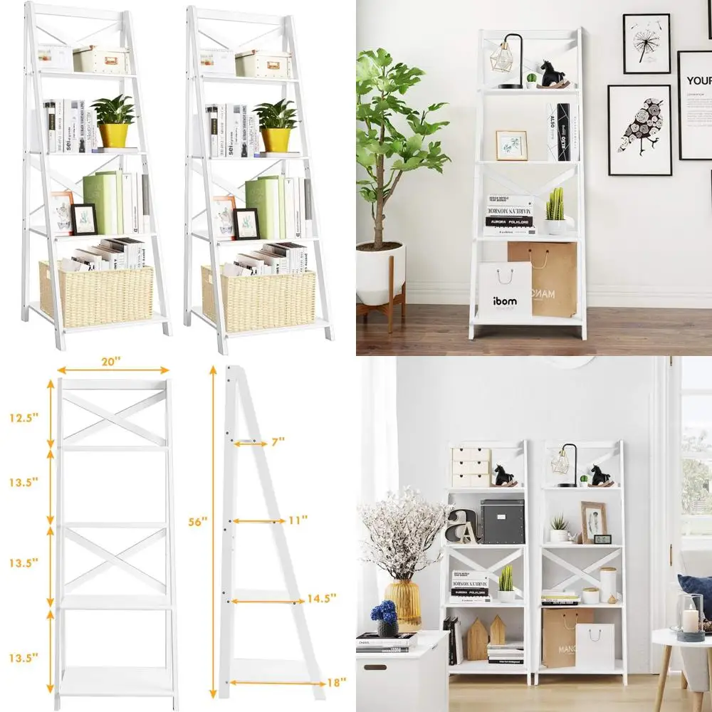 

4-Tier Wooden Leaning Bookcase with Storage Shelves for Books, Plants, and Decor